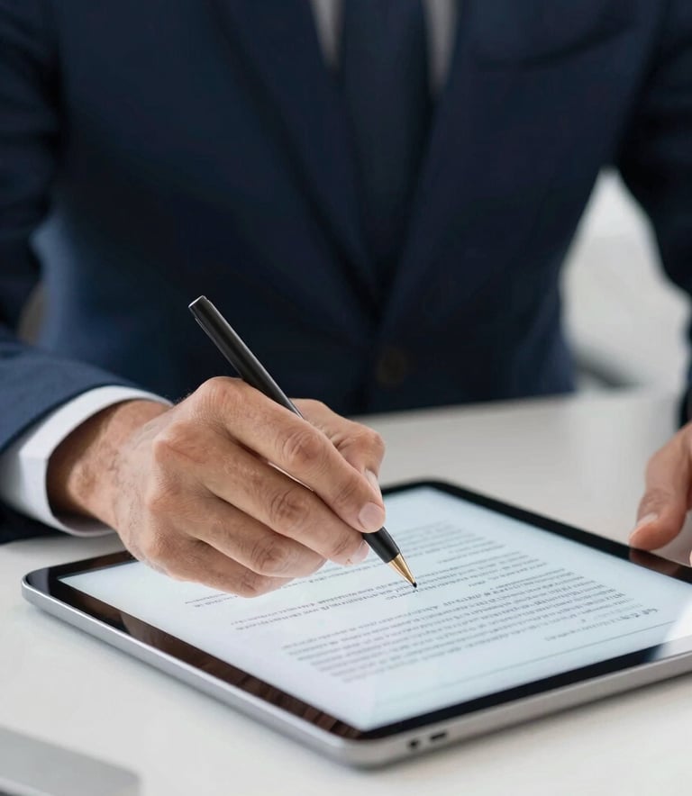 A close-up photograph of a professional hand signing a digital document on a tablet in a bright North American office environment. The scene is professional and trustworthy, featuring dark navy and medium blue tones in the attire.