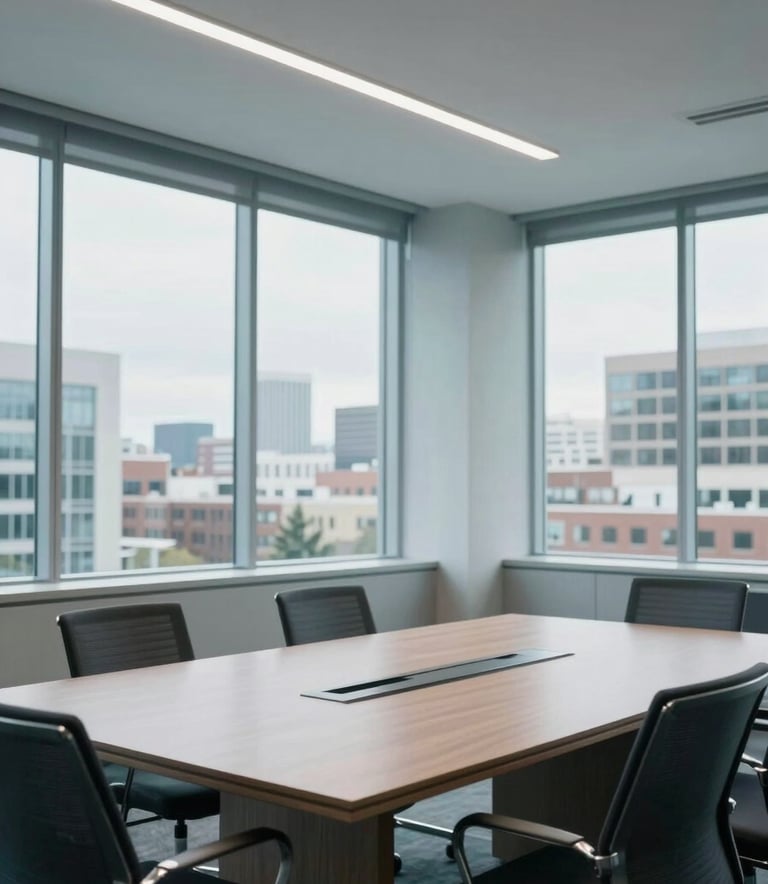 Professional North American office setting in Spokane, Washington. A modern conference room with large windows overlooking the city, featuring light blue and light gray interior accents. Soft daylight illuminates the clean, minimalist space.