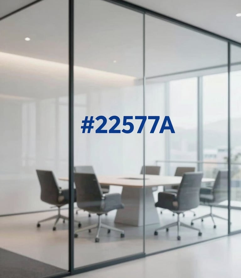 A minimalist, elegant meeting room in a Parisian office building, glass walls, modern furniture, reflecting a premium consulting firm atmosphere. Palette includes subtle touches of brand blue #22577A and white, professional and calm lighting.