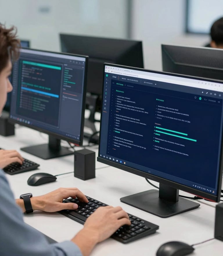 A high-tech workspace showing a specialist performing software testing on multiple devices, with a color palette of deep blues (#0F1D33) and teal accents (#4CAF9D), clean and professional atmosphere.