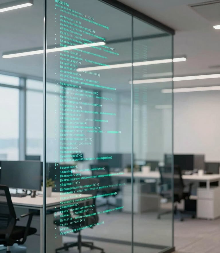 A modern minimalist office interior in France with a focus on a glass wall reflecting digital code lines, incorporating brand colors #22577A and #4CAF9D for a sophisticated tech vibe.