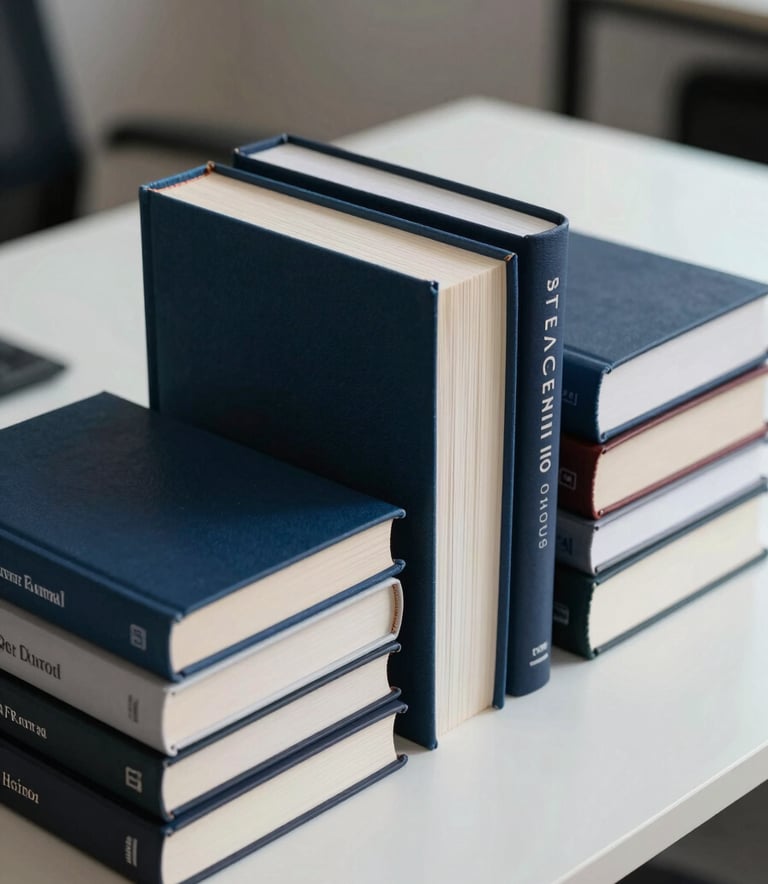 A close-up high-quality photograph of a curated selection of hardcover business and technology books stacked neatly on a sleek minimalist desk in a modern Southern European / Spanish office. The lighting is soft and natural, emphasizing textures. Accents of deep navy blue and muted slate blue appear in the book covers.
