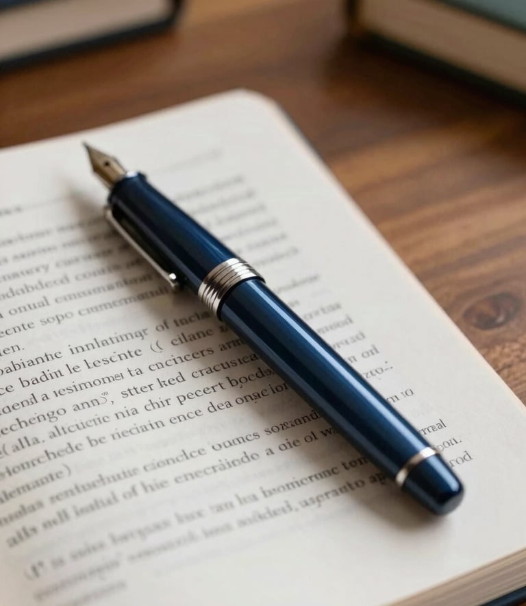 Close-up of a high-end fountain pen resting on an open textbook about data science, located on a wooden desk in a Southern European / Spanish study room. Lighting is sharp and professional. Colors: steel blue and off-white.