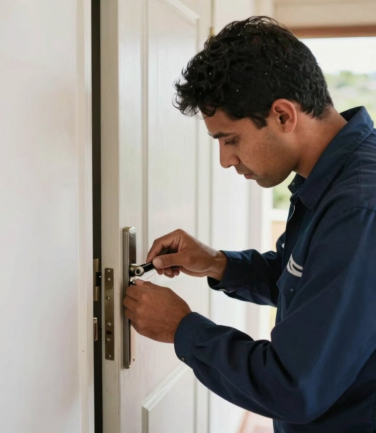 Photography of a professional locksmith wearing a dark blue uniform while carefully repairing a door lock of a South American / Brazilian home, bright daytime lighting.