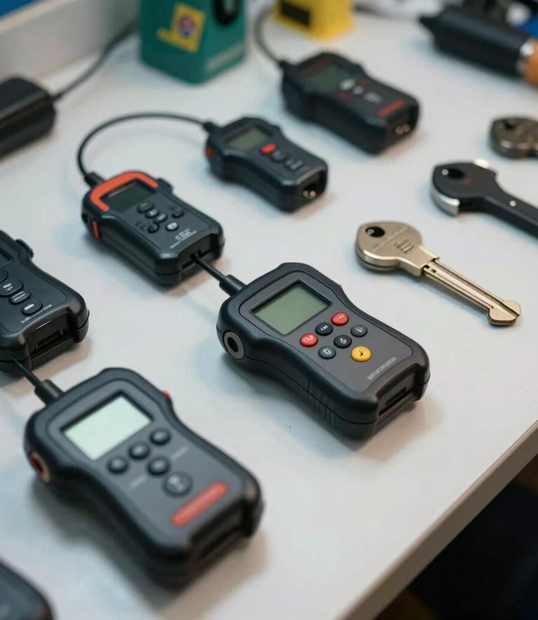 Photography of a professional locksmith's organized tool kit with high-tech electronic key programmers and specialized tools, on a white workbench with medium blue and white lighting, South American / Brazilian setting.