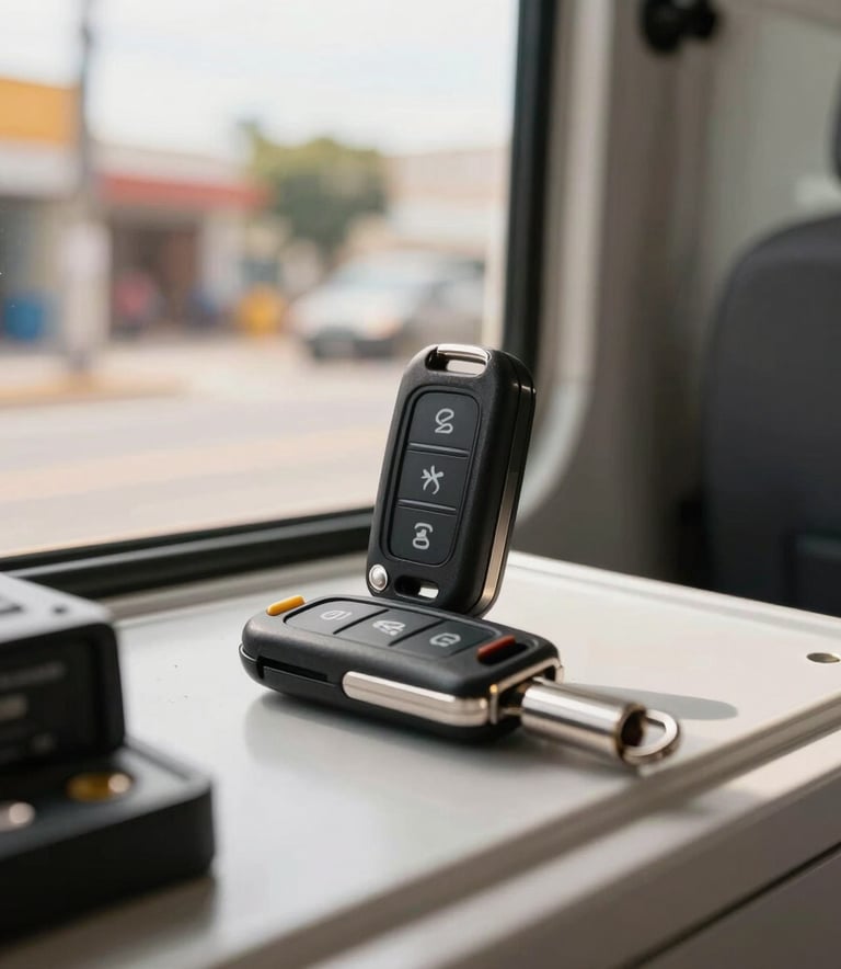 A detailed shot of a modern car key fob and locksmith transponder equipment inside a mobile service van. South American / Brazilian street visible through the window, bright morning light, amber and white accents.