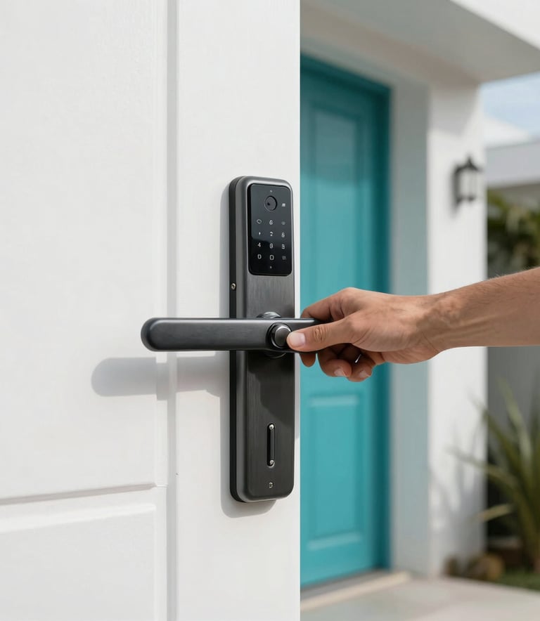 Photography of a modern Brazilian house entrance with a locksmith installing a high-security electronic lock. Daytime, clear lighting, professional and clean aesthetic with white and cyan tones.