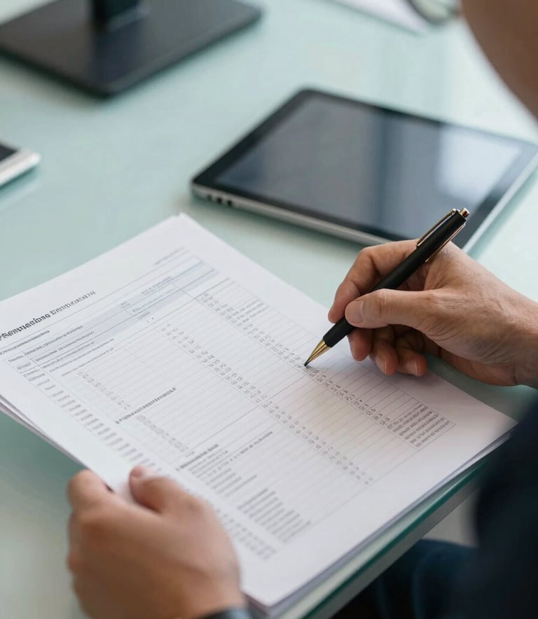 A close-up of professional hands reviewing complex financial ledgers and digital tablets in a professional European Portuguese corporate office. Muted teal and light blue accents in the background from the brand palette. Natural lighting, sharp focus on documents representing expertise and detail.