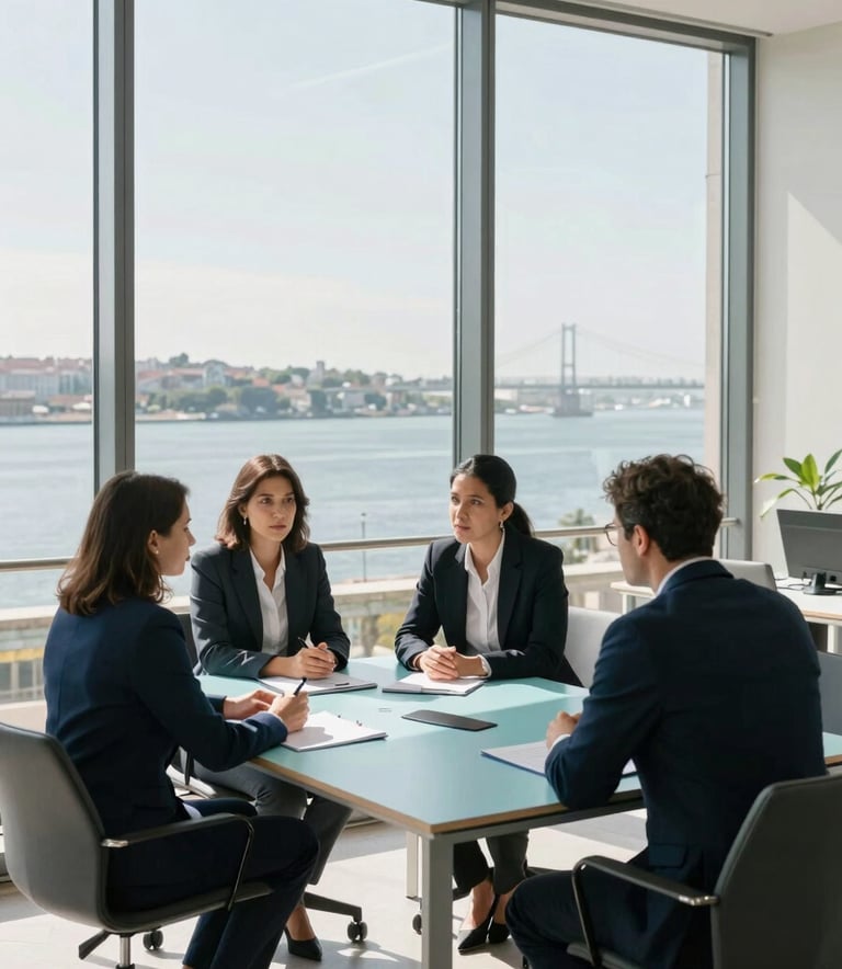 A clean, modern office in Lisbon featuring large windows with a soft view of the Tagus River. Professional consultants in smart business attire are discussing strategy around a light blue table. Bright daylight, high contrast, dependable atmosphere in a European Portuguese setting.