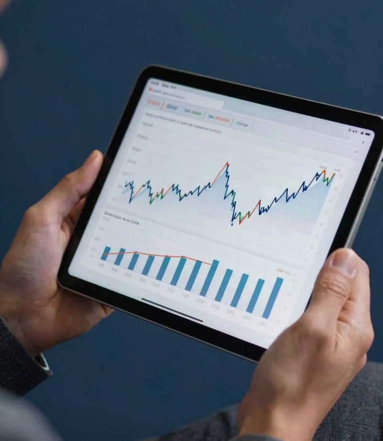 A professional in European Portuguese business attire holding a digital tablet showing financial performance indicators. Close-up on the hands and tablet, set against a dark blue background.