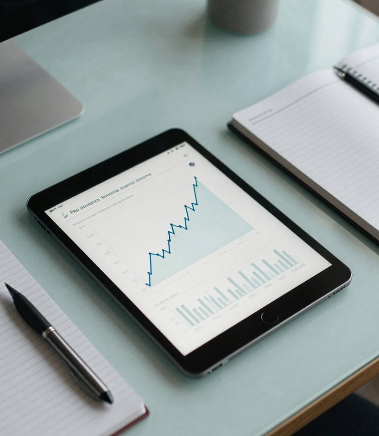 A top-down view of a modern desk in a European Portuguese office, featuring a tablet with growth charts, a notebook, and a sleek pen. Lighting is soft and natural, with a palette of muted teal and light blue.