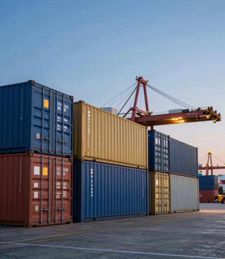 A sleek, cinematic shot of cargo containers at a modern global shipping port during the blue hour, with subtle golden industrial lights, professional corporate photography, highlighting efficiency, #0A2342 and #C9B07D color accents.
