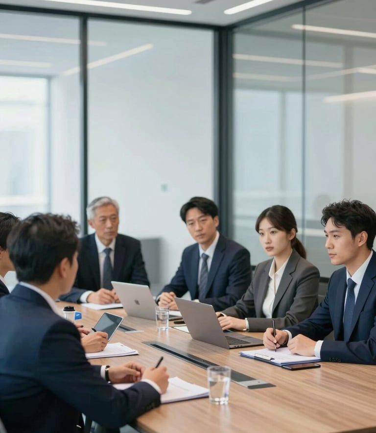 A high-end boardroom meeting with business professionals in dark suits discussing global trade strategy, glass walls, modern architectural details, lighting is professional and clean, incorporating #0A2342 and #F8F8F8 tones.