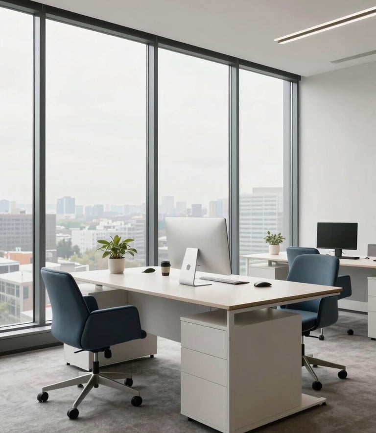 A bright, modern North American / US workspace with floor-to-ceiling windows and minimalist furniture in soft off-white and muted slate blue.