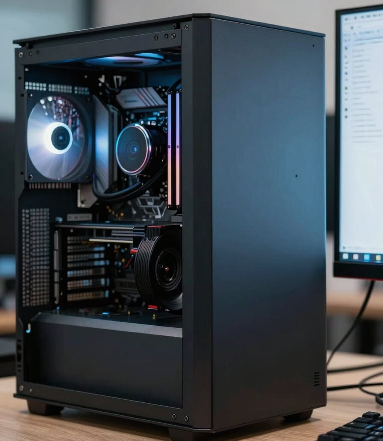 A close-up of high-end computer hardware and a glowing monitor in a modern North American / US tech office, featuring a palette of deep charcoal and muted slate blue.