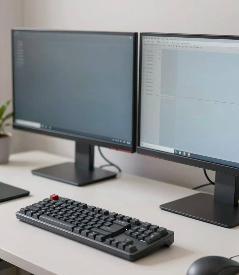 A high-quality close-up of a modern workstation with a clean desk, dual monitors, and a mechanical keyboard in a bright North American / US studio, professional atmosphere, featuring muted grey-blue and soft off-white tones.