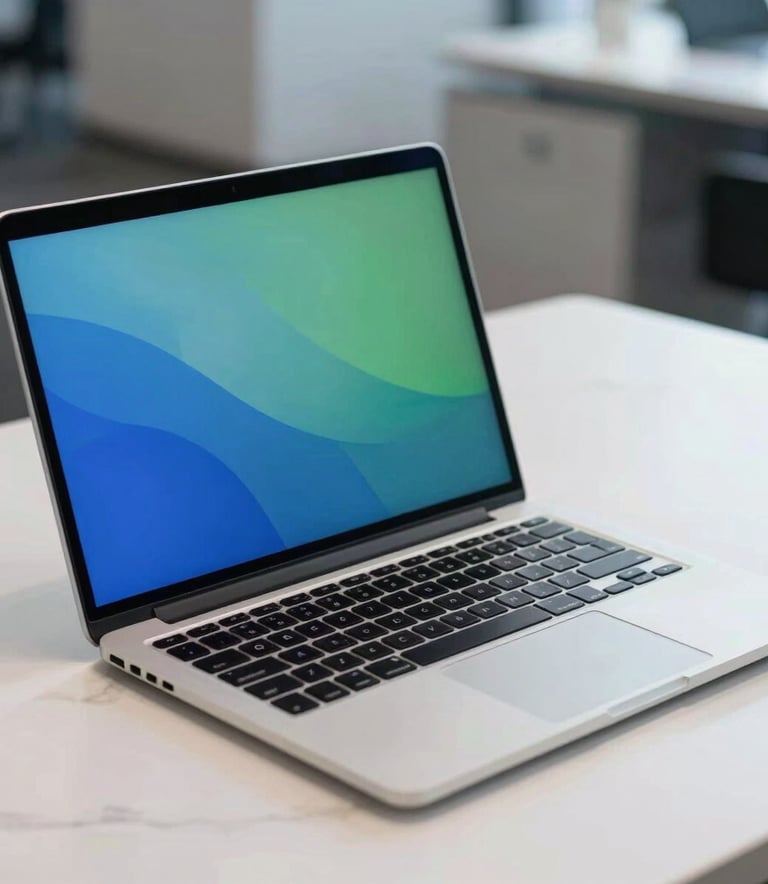 Close-up photography of a sleek silver laptop on a minimalist white marble desk in a North American corporate setting, the screen glowing with soft light, royal blue and green accents in the surrounding office decor.