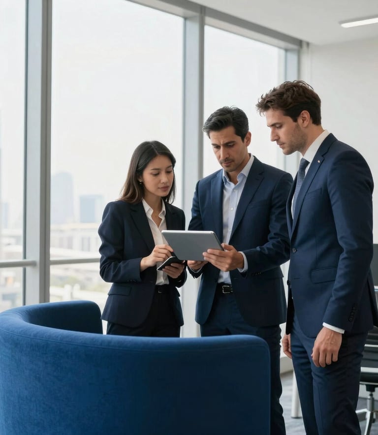 A group of three professional marketing strategists in a high-end Dubai office with large windows, looking at a digital tablet together. The scene is bright with natural light and features minimalist, premium office furniture in shades of royal blue and white.