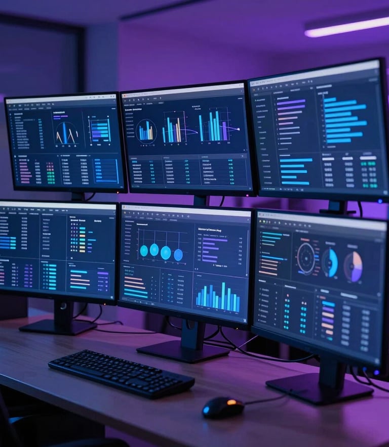 A high-tech digital marketing dashboard displayed on multiple sleek monitors in a sophisticated, dark-themed office in New York. The lighting is dominated by royal blue and lilac glows, emphasizing a data-driven atmosphere.