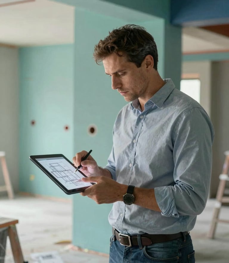 A professional project manager in a Western European / French interior construction site, dressed in smart casual attire, reviewing architectural plans on a digital tablet. The scene conveys serious competence and reliability with a background of muted sea teal and dark slate blue structural elements.