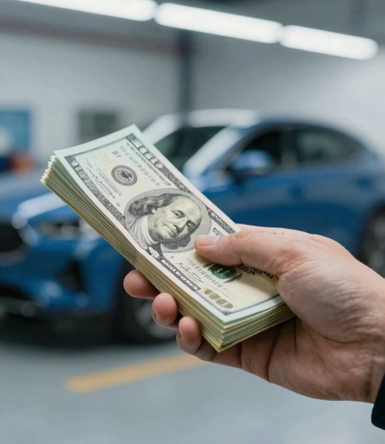 A close-up shot of a hand holding a stack of cash with a blurred background of a modern automotive workshop in Houston. The lighting is bright and professional, incorporating tones of #7A9AB0 and #3C5A6B.