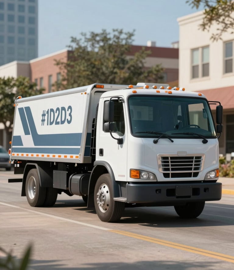 A modern, clean flatbed tow truck branded with subtle industrial accents, driving through a recognizable Houston neighborhood. The lighting is crisp morning sun, emphasizing a professional and fast service vibe with a palette of #1D2D3E and #7A9AB0.