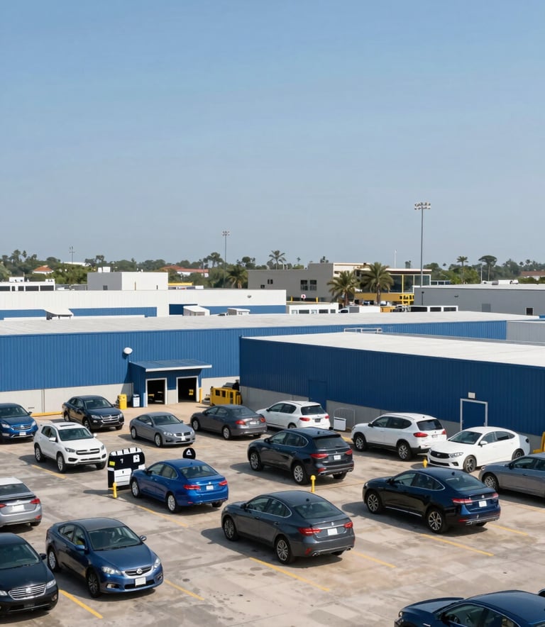 A clean, wide-angle shot of a professional car recycling center in Houston. The facility is organized and efficient, featuring metallic textures and a clear sky, utilizing a palette of #3C5A6B and #7A9AB0.