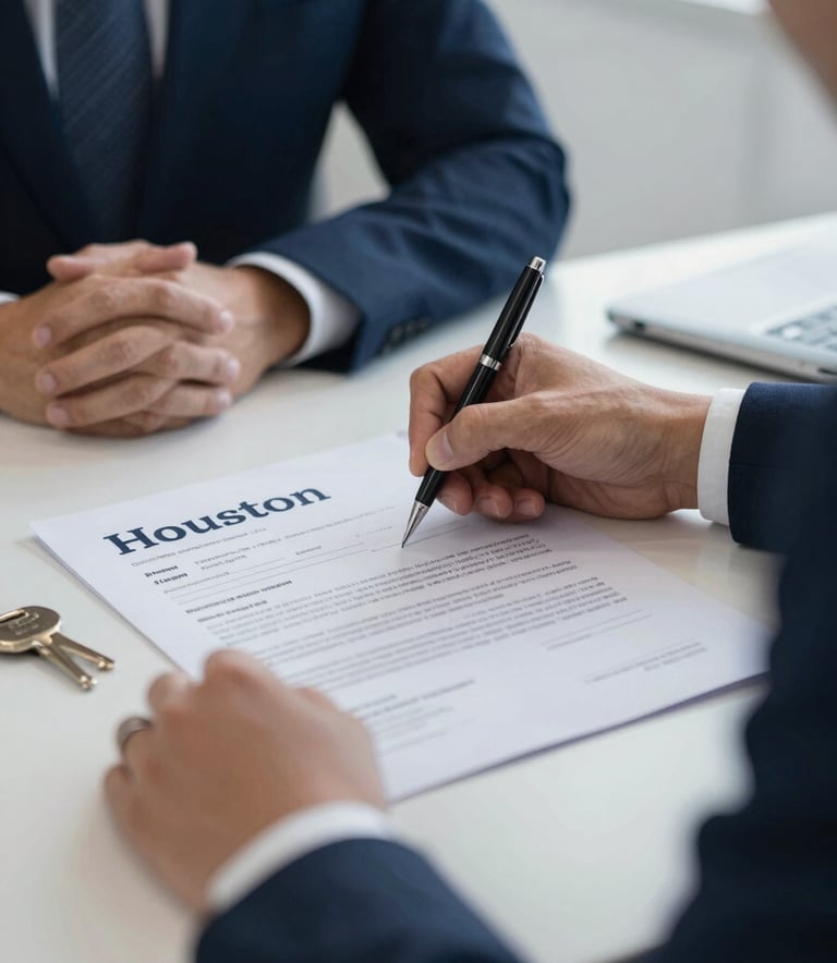 A professional close-up of a business agreement being signed in a Houston office, featuring a car title and keys. The scene is bright and trustworthy, with industrial blue and navy tones (#1D2D3E, #3C5A6B) integrated into the office decor and pens.