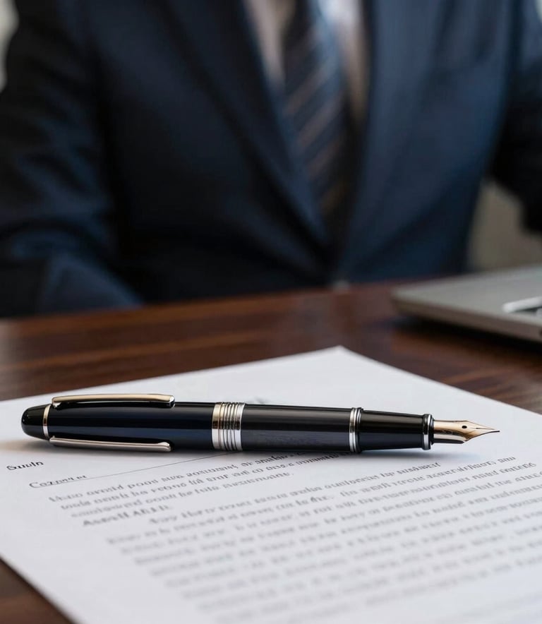 Detailed photography of a high-end fountain pen resting on signed legal documents on a dark wood desk. Shallow depth of field, professional lighting with soft highlights, deep charcoal blue and muted slate blue accents in the background, South American executive office setting.