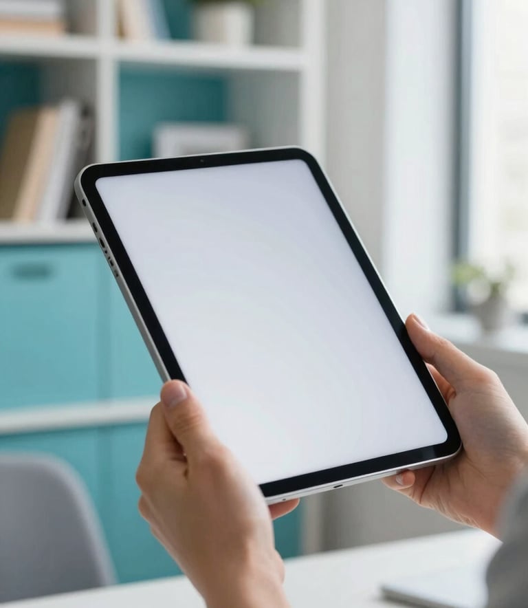 A close-up photograph of a person's hands holding a modern tablet in a bright, airy office. The tablet screen glows softly, illuminating the scene. The background features a blurred bookshelf and Ocean Teal and Sky Steel Blue accents in the decor. Modern and professional lighting.