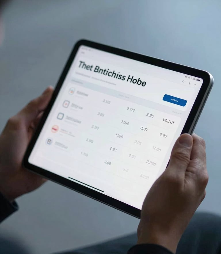 A close-up photograph focusing on a person's hands holding a tablet. The screen shows a simplified, elegant interface of a commodities market analysis. The atmosphere is professional and focused, with soft misty blue lighting.