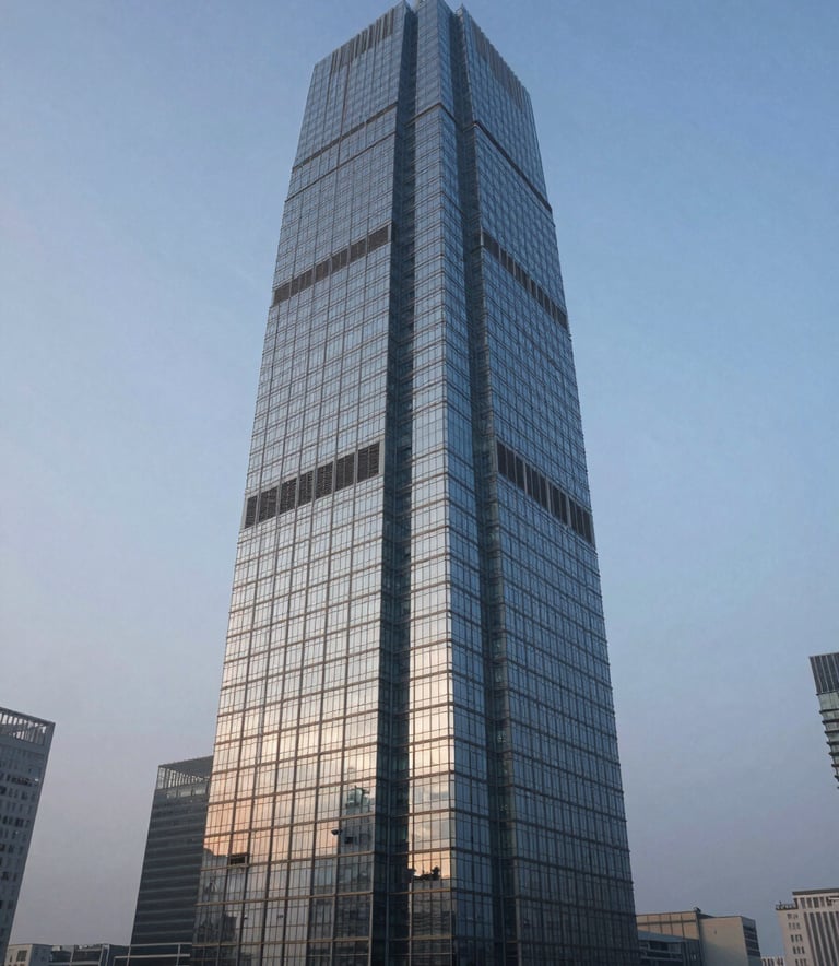 A wide-angle, professional photograph of a modern glass skyscraper reflecting a soft misty blue sky at dawn, symbolizing global financial centers and institutional strength.