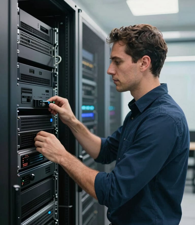 A medium shot of a professional American IT specialist in a navy shirt, carefully managing a high-tech server rack in a modern data center. The environment is clean with steel blue lighting and off-white hardware accents, conveying expert reliability.