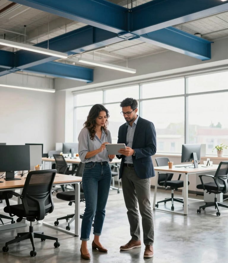 A wide-angle shot of two American tech professionals, a man and a woman, collaborating over a tablet in a bright, modern office in Georgia. The room features steel blue design elements and plenty of natural light, reflecting a forward-thinking atmosphere.