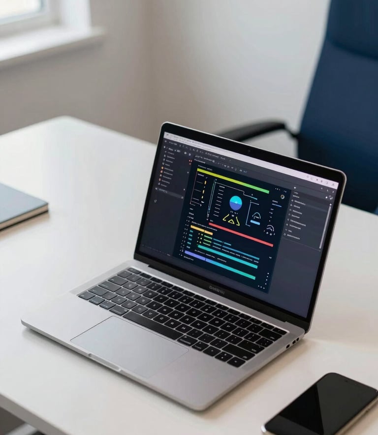 A high-angle shot of a sleek modern laptop displaying complex system architecture on a desk in a bright, professional Georgia office. The room features soft off-white walls and midnight blue accents in the furniture.