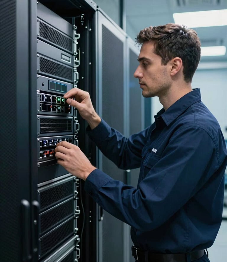 An American IT technician in a deep navy uniform professionally inspecting a network server rack in a clean, high-tech data center with subtle steel blue lighting.