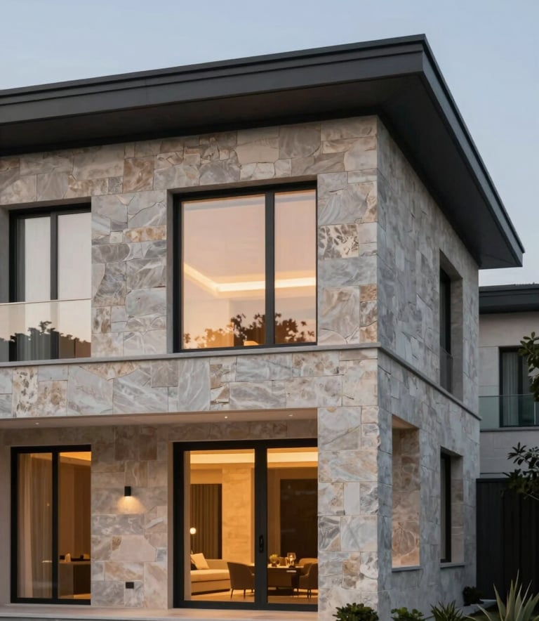 A high-end architectural close-up of a finished luxury villa in Datça. Focus on the high-quality stone masonry and modern glass windows. The evening lighting creates a warm, trustworthy glow. The image features architectural elements in #2D323A and #5B6A7A textures.