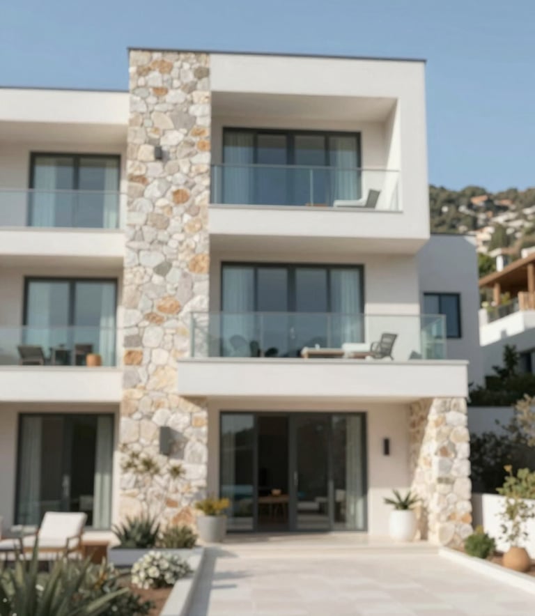Exterior of a luxury modern villa in Datça with stone walls and glass balconies, bright Mediterranean sunlight, high contrast with #F5F7F8 and #5B6A7A tones.
