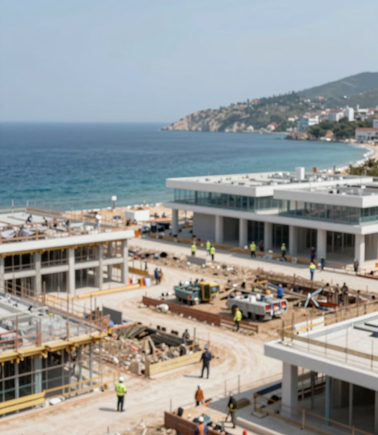 A professional wide-angle shot of a modern construction site overlooking the Datça coastline. Construction workers in safety gear are visible against a backdrop of blue sea and white architectural structures. The lighting is bright and clean, incorporating the brand's professional mood with subtle tones of #A8B6C7 and #5B6A7A in the building materials.