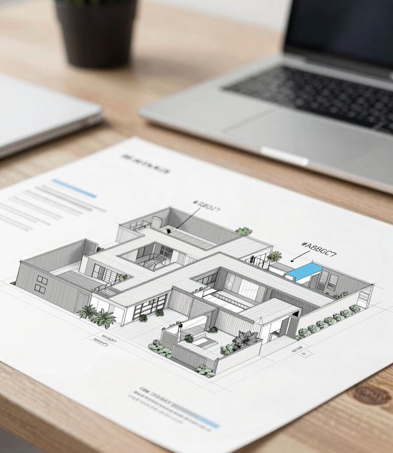 Detailed architectural technical drawing and 3D model on a professional workspace, incorporating the brand palette #5B6A7A and #A8B6C7, clean and professional lighting.