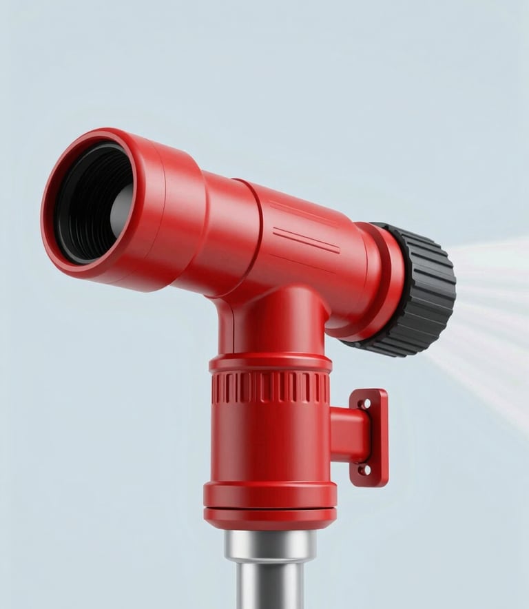 A detailed close-up of a red fire foam monitor nozzle, showing precision engineering and industrial quality, studio lighting with a clean background using #EBF2F7.