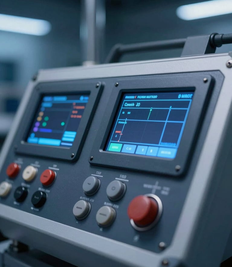 A close-up of a high-tech foam monitor control interface with digital displays and industrial buttons, set against a clean industrial background with deep navy and steel blue lighting, conveying precision engineering.