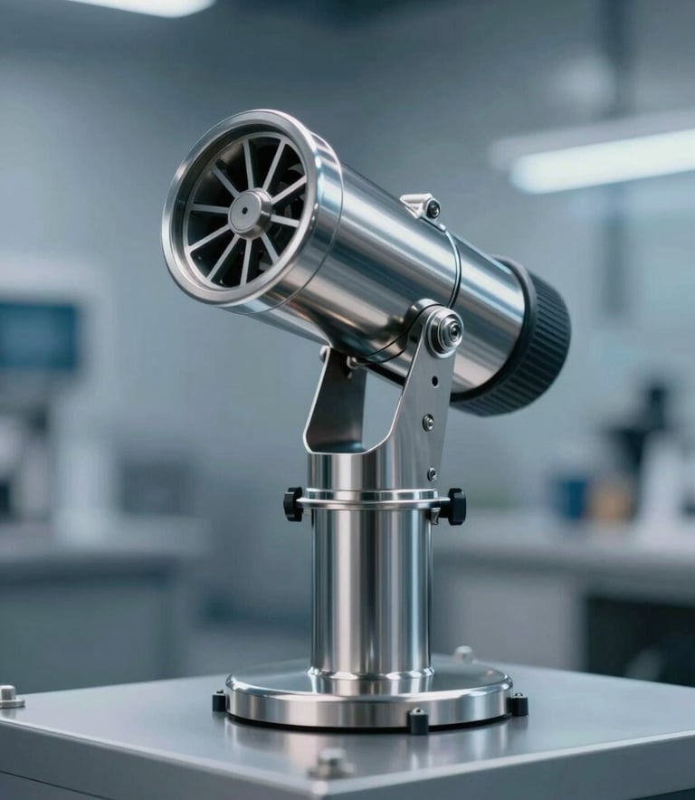 A high-tech, stainless steel automatic foam cannon mounted on a platform, industrial setting, professional photography, utilizing a palette of #0A192F and #8D9FB0 with clean metallic reflections.