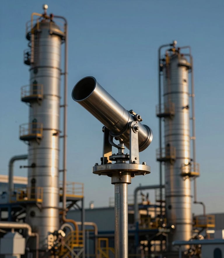 A powerful stainless steel foam cannon mounted on a industrial tower, overlooking a modern refinery. The scene is shot during the golden hour with deep navy shadows and cool steel blue highlights.
