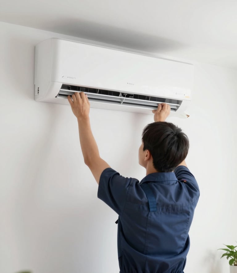A high-end, modern indoor split AC unit being mounted on a pristine white wall by a professional expert. The setting is a clean, contemporary living room. Soft, natural lighting. The technician's tools are professional and well-organized, featuring #4F6D7A accents.