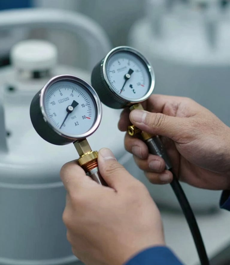 A high-quality close-up of a technician's hands using professional gauges to check AC gas levels. The image should look modern and expert, with cool blue lighting and highlights in #B3C5CB, emphasizing technical precision.