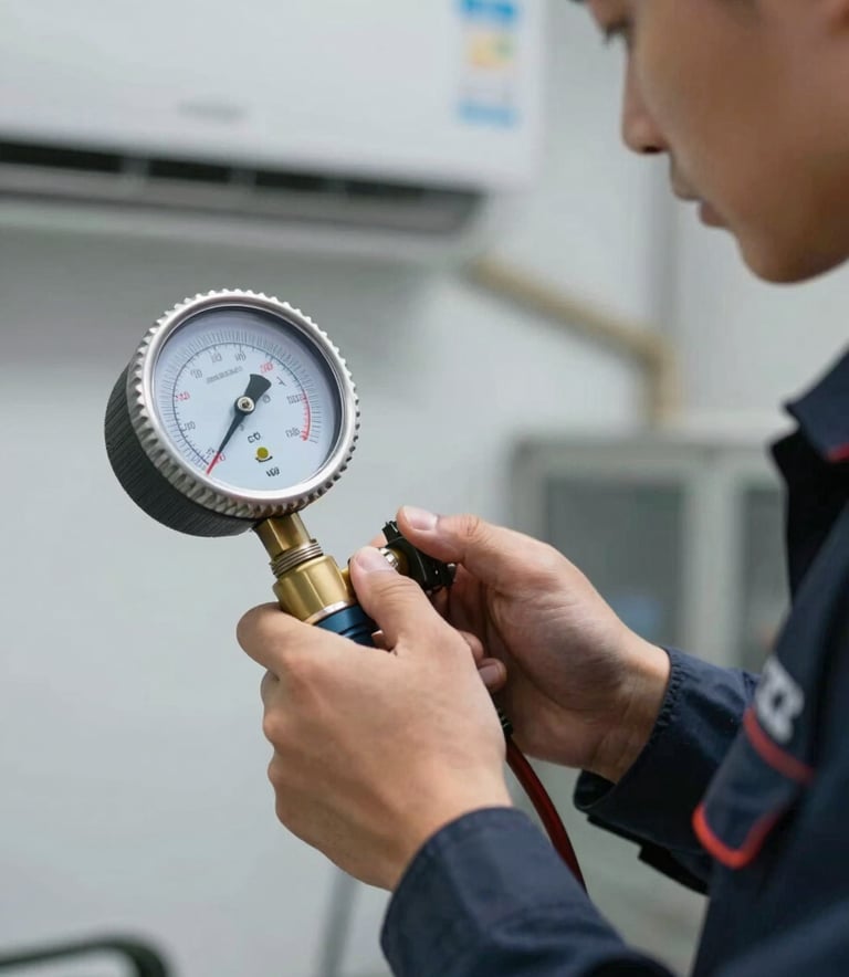 A close-up of a professional technician's hands using a manifold gauge to check pressure during an AC gas filling service. The lighting is clean and sharp, emphasizing technical precision. The technician wears a uniform with a #1A2C3D logo. Professional, high-quality aesthetic.