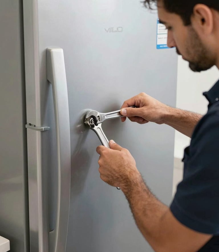 A focused shot of a professional technician's hands using a wrench to repair the back of a large silver refrigerator, Middle Eastern / Gulf indoor setting, clean and modern tools, Slate and Dark Navy color scheme.