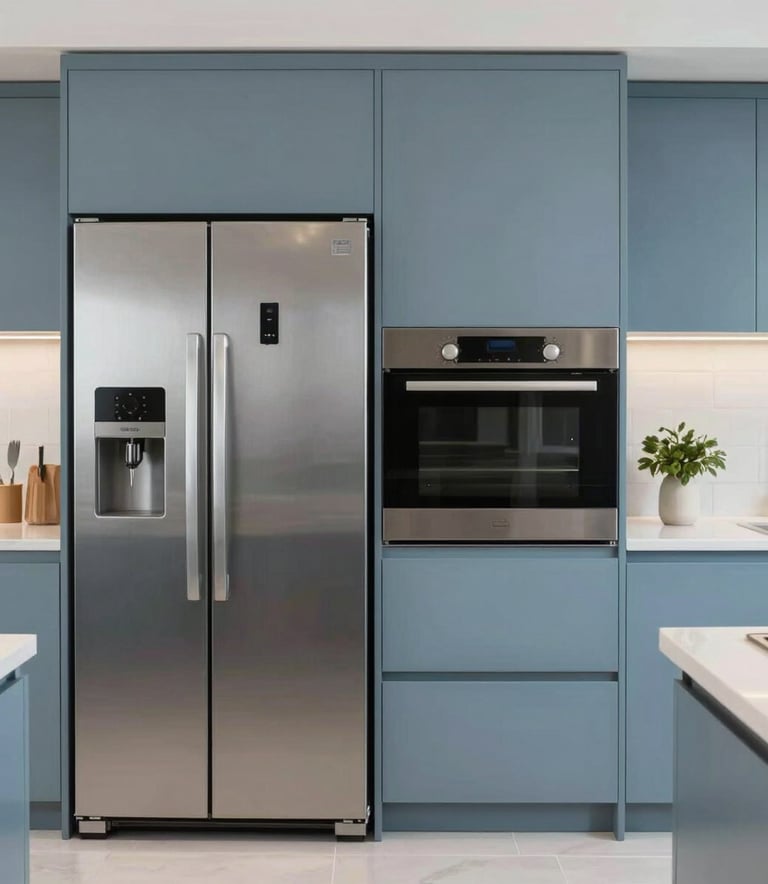 A high-end modern kitchen in a Middle Eastern / Gulf villa, featuring a stainless steel refrigerator and built-in oven, bright and professional photography, soft Slate Blue lighting.