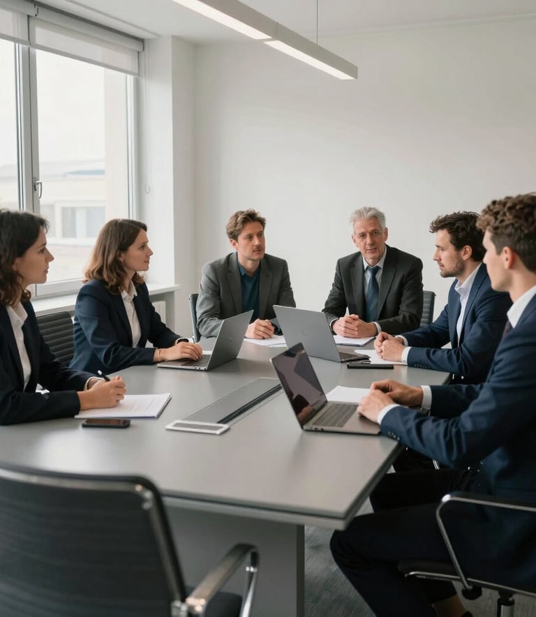 A group of professional consultants in a Central European / Slovak boardroom, steel gray furniture, off-white walls, engaging in a strategic planning session, natural light from large windows.